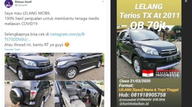 Youtuber otomotif Ridwan Hanif beri donasi untuk lawan virus corona lewat lelang mobil mulai Rp 70 juta (Twitter dan Instagram)