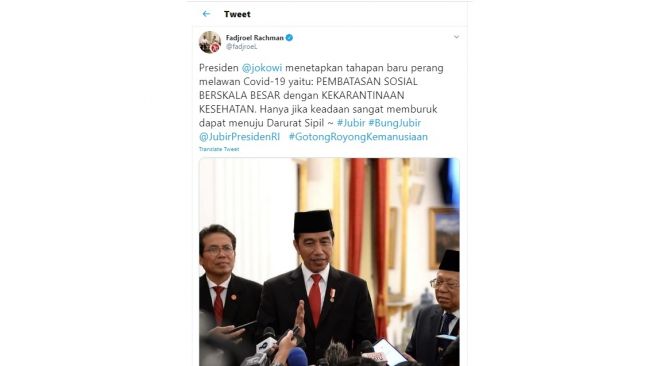 Presiden Jokowi menetapkan tahapan baru perang lawan virus corona atau Covid-19 (twitter/@fadjroeL)