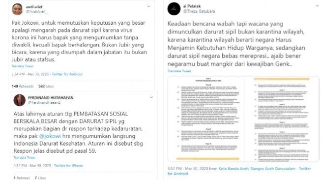 Cuitan politisi soal darurat sipil (Twitter)