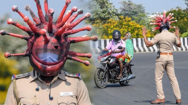 Helm corona milik Polisi di India (twiter @amitksh08)