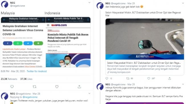 Warganet bandingkan sikap pemerintah Indonesia dan Malaysia dalam penggunaan internet saat virus corona (twitter/@negativisme)