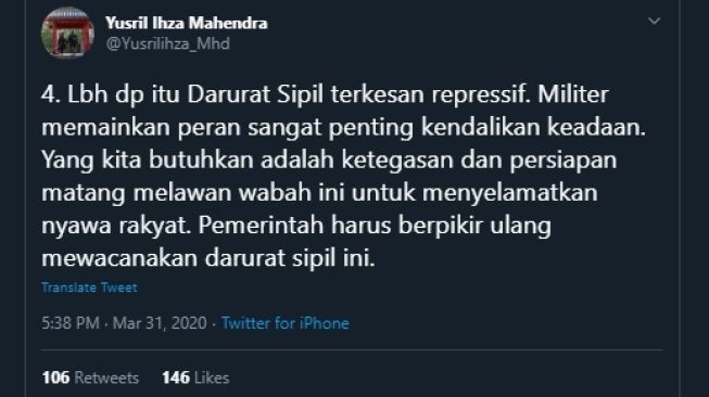 Cuitan Yusril tentang Darurat Sipil yang bersifat represif. (Twitter/@Yusrilihza_Mhd)