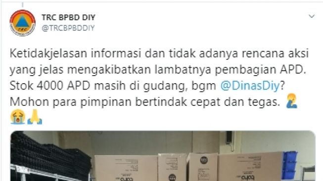 Cuitan BPBD DIY soal APD yang mangkrak (Twitter).