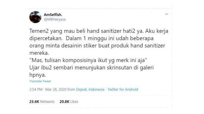 Curhatan warganet berisi soal pengakuan pemesanan hand sanitizer abal-abal. [Twitter]