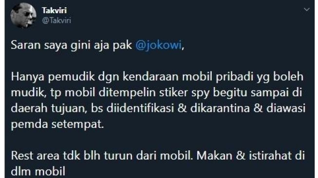 Usulan mudik dengan mobil pribadi di tengah pandemi Coronavirus [Twitter: @Takviri].