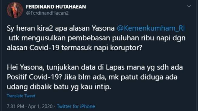 Cuitan Ferdinand yang menanyakan alasan Menteri Yasonna bebaskan narapidana. (Twitter/@FerdinandHaean2)