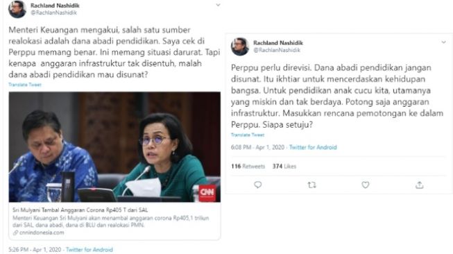 Rachland Nashidik mengkritik sumber anggaran penanganan virus corona (Twitter/@RachlanNashidik)