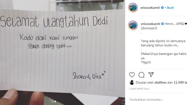 Unggahan Erix Soekamti [Instagram/@erixsoekamti]