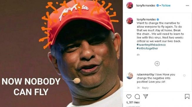 Tony Fernandes serukan khalayak untuk bertahan di rumah. (Instagram/@tonyfernandes)