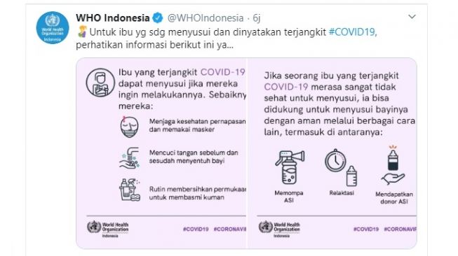 Trik menyusui ketika terjangkit virus corona Covid-19 (Twitter/@WHOIndonesia)