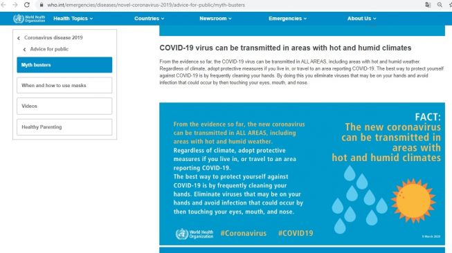 Penjelasan WHO, Covid-19 dapat ditularkan di daerah beriklim panas dan lembab (who.int)