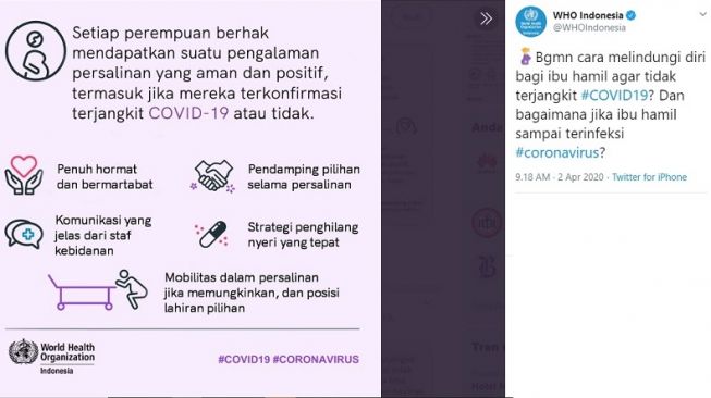 Panduan WHO bagi ibu hamil yang terinfeksi Covid-19 (Twitter/@WHOIndonesia)