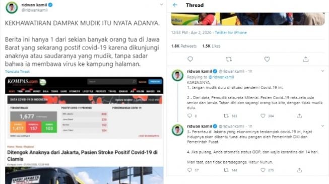 Ridwan Kamil ingatkan dampak mudik di tengah pandemi corona (twitter/@ridwankamil)