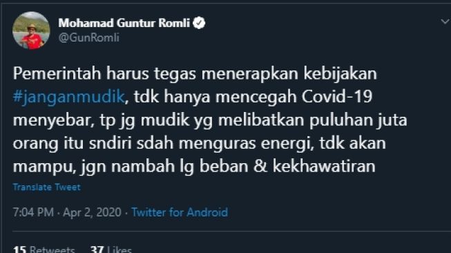 Cuitan Guntur Romli soal jangan mudik. (Twitter/@GunRomli)