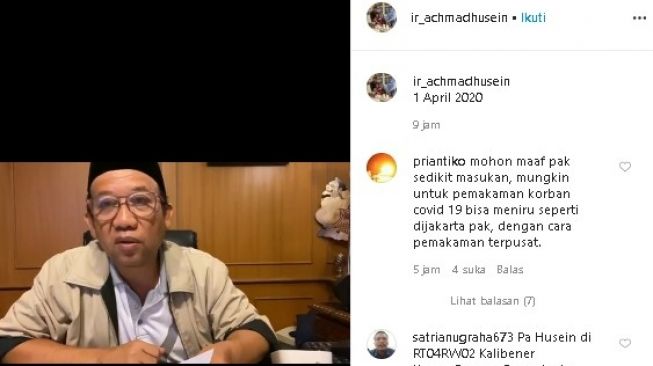 Bupati Banyumas Achmad Husein sampaikan permohonan maaf atas insiden jenazah corona ditolak warga. (Instagram/@ir_achmadhusein)