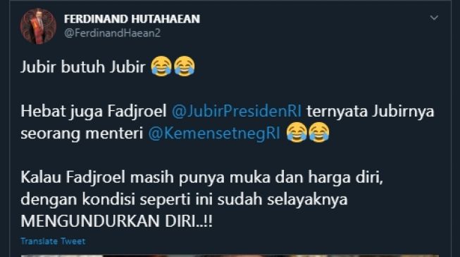 Cuitan Ferdinand minta Fadjroel Rachman mundur. (Twitter/@FerdinandHaean2)