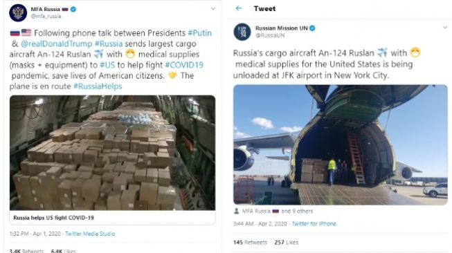 Rusia kirim bantuan alat medis ke Amerika Serikat untuk lawan corona (twitter/@RussiaUN dan @RusEmbUSA)