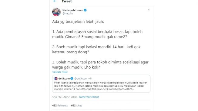 Gus Nadir pertanyakan kebijakan mudik di tengah virus corona (twitter/@na_dirs)