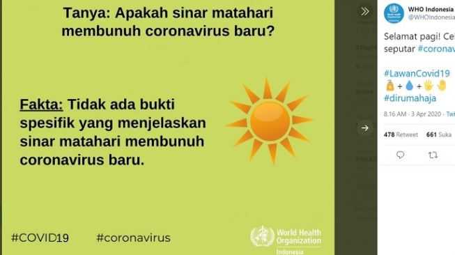 Sinar matahari tidak membunuh virus corona Covid-19 (Twitter/@WHOIndonesia)