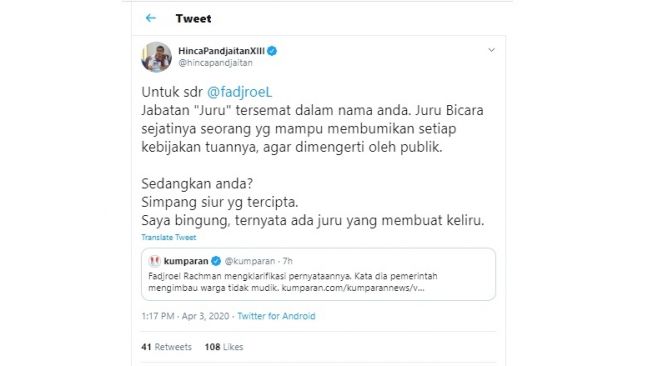 Hinca Panjaitan mengkritik Fadjroel Rachman (twitter/@hincapandjaitan)