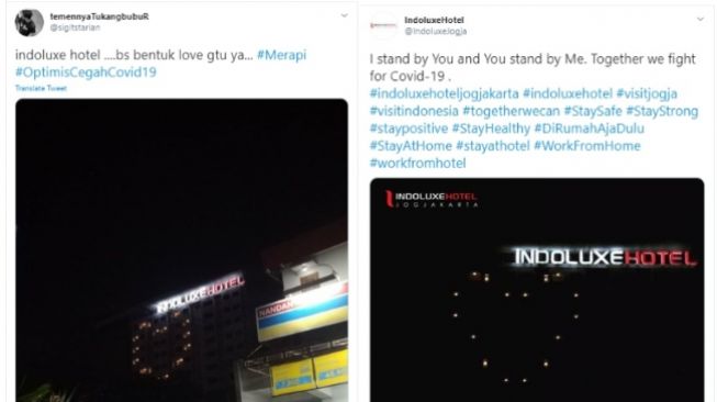 Indoluxe Hotel Yogyakarta nyalakan lampu berbentuk love mengajak lawan corona (Twitter)