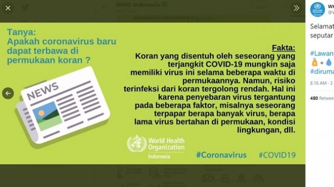 Koran tidak menyebarkan virus corona Covid-19 (Twitter/@WHOIndonesia)