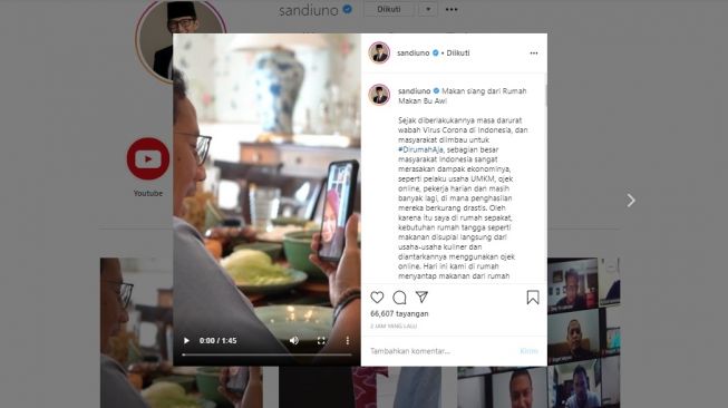 Sandiaga Uno ucapkan terima kasih ke pedagang karena seminggu dikirimi makanan (Instagram/sandiuno)