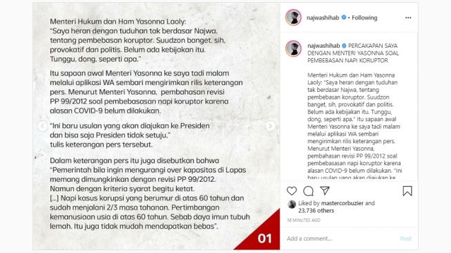 Unggahan Najwa Shihab tentang percakapannya dengan Menteri Yasonna Laoly. (Instagram/najwashihab)