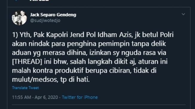 Cuitan Sudjiwo Tedjo soal hukuman terhadap penghina pemimpin. (Twitter/@sudjiwotedjo)