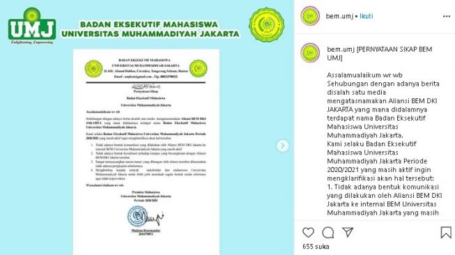 Pernyataan sikap BEM UMJ atas aksi Aliansi BEM Jakarta Bersuara. (Instagram).