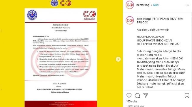 Pernyataan sikap BEM Universitas Trilogi atas aksi Aliansi BEM Jakarta Bersuara. (Instagram).