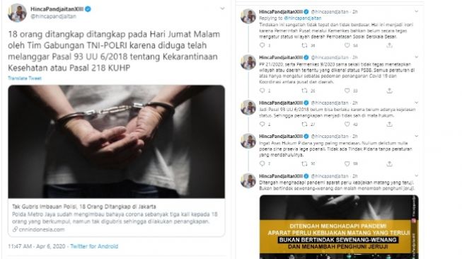 Hinca Panjaitan mengkritik penangkapan 18 orang karena tidak patuh PSBB (twitter/@hincapandjaitan)