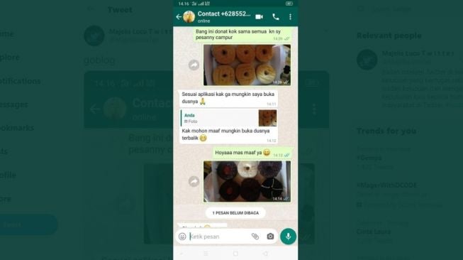 Tangkapan layar chat komplain donat yang ternyata kebalik. [Twitter]