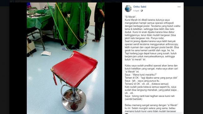 Cerita kursi merah yang sering dipakai dr. Bernadette, dokter yang meninggal karena corona (Facebook Ortho Sakti)