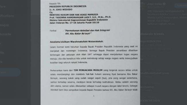 Surat permohonan pembebasan Abu Bakar Ba'asyir. (Twitter/@AnneABarker)