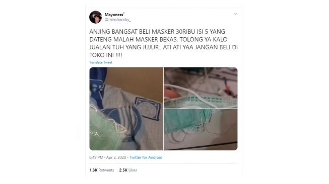 Penipuan saat membeli masker. [Twitter]