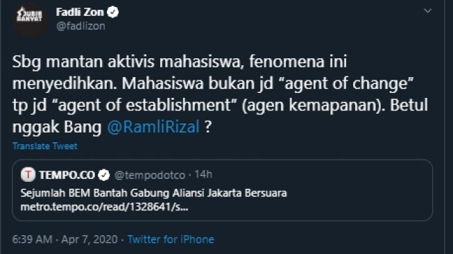 Cuitan Fadli Zon soal Aliansi BEM Jakarta. (Twitter/@fadlizon)