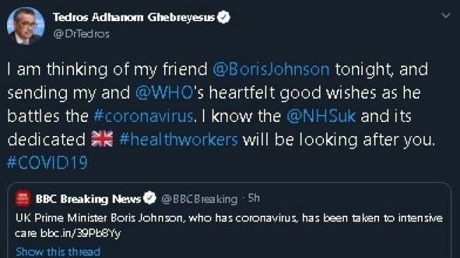 Dirjen WHO doakan Boris Johnson. (Twitter/@DrTedros)