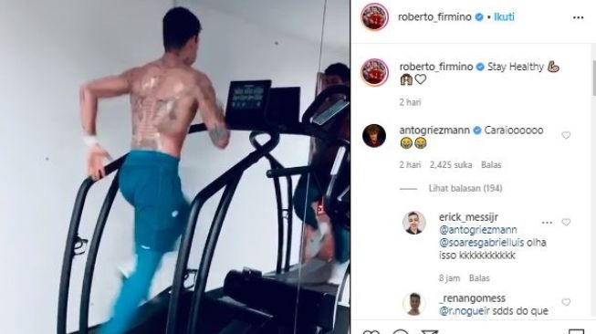 Antoine Griezmann komentari video latihan Roberto Firmino. (Instagram/@roberto_firmino).