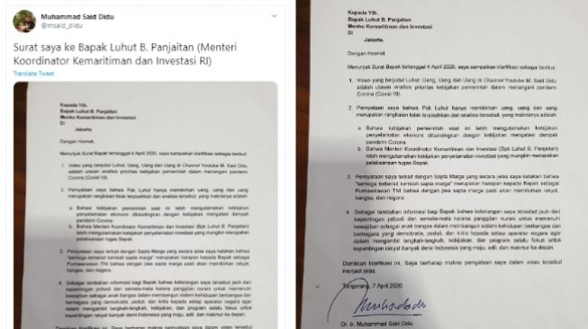 Said Didu memberikan klarifikasi dan membalas surat dari Luhut (Twitter/@msaid_didu)