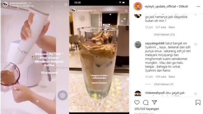 Syahrini bikin dalgona coffee buat Reino Barack [Instagram/@nyinyir_update_official]