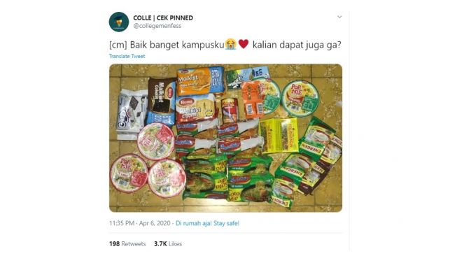 Postingan warganet dapat bantuan makanan dari kampus. [Twitter]