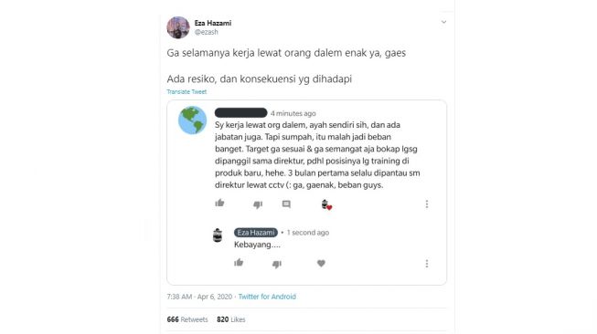 Curhatan warganet pengalaman bekerja lewat orang dalam. [Twitter]