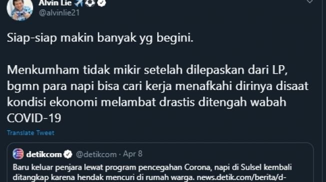 Cuitan Alvin Lie yang mengkritik Menkumham soal pembebasan napi. (Twitter/@alvinlie21)