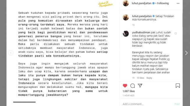 Unggahan Menteri Luhut soal setiap tindakan ada konsekuensinya. (Instagram/luhut.pandjaitan)