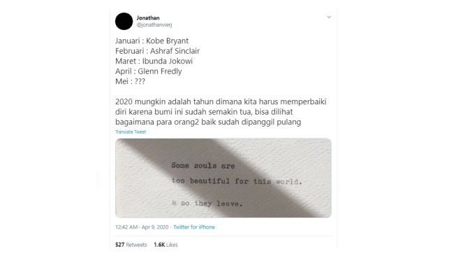 Postingan warganet meninggalnya Glenn Fredly. [Twitter]