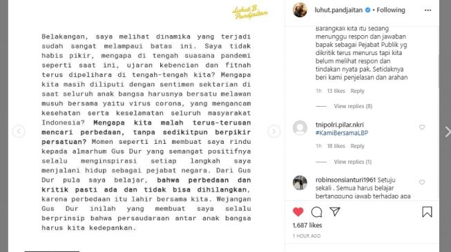 Luhut Pandjaitan mengenang pesan Gus Dur soal persatuan. (Instagram/luhut.pandjaitan)