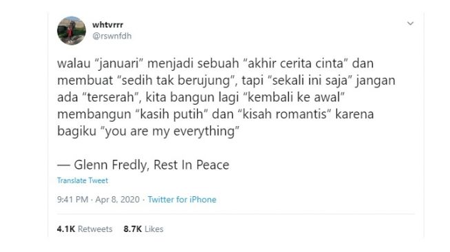 Postingan warganet meninggalnya Glenn Fredly. [Twitter]