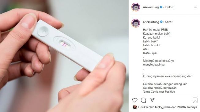 Arie Untung mengunggah foto tes pack dan bikin yakin kalau sang istri, Fenita Arie kembali hamil.