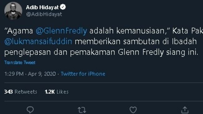 Cuitan Adib Hidayat soal sambutan Lukman H Saifuddin dalam ibadah pemakaman Glenn Fredly. (Twitter/@AdibHidayat)